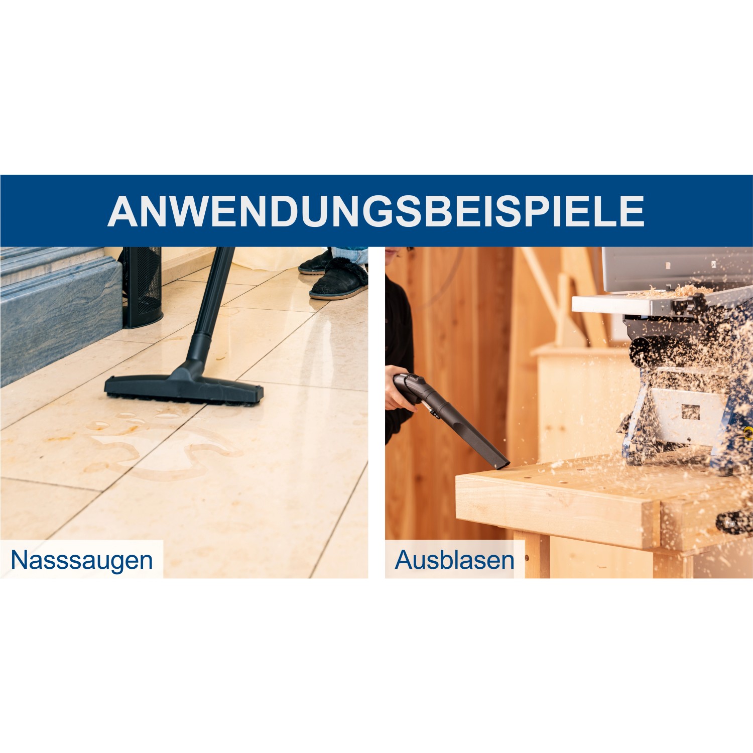 Anwendungsbeispiele: Scheppach SprayVac 20 Nass- & Trockensauger beim Nasssaugen und Ausblasen.