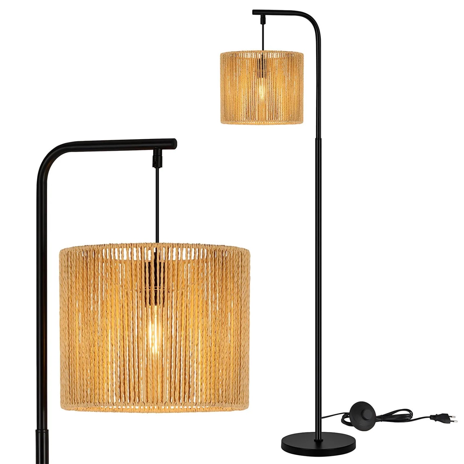 NETTLIFE Boho Schwarze Bogenstehlampe mit Seilschirm Vintage-E27-Fassung Fußschalter 164 cm für Wohnzimmer Schlafzimmer Terrasse Büro