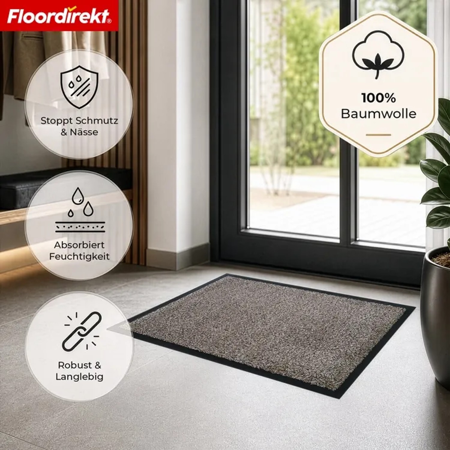 Beige melierte Floordirekt Schmutzfangmatte aus Baumwolle, waschbar und rutschfest, im Eingangsbereich. Größe 100x150 cm.