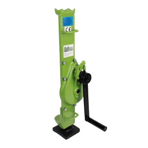 Grüne TRUTZHOLM Stockwinde, 1500 kg Tragkraft, mit Kurbel und großer Grundplatte für sicheren Stand.