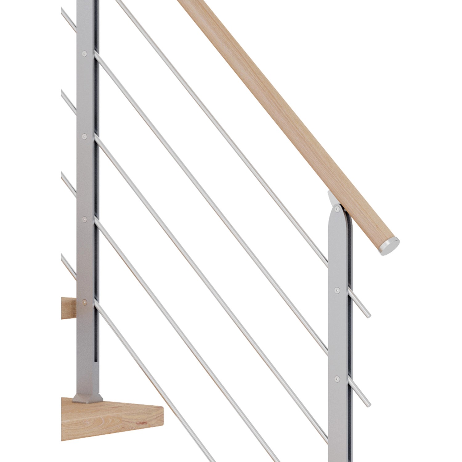 Detailaufnahme: Dolle Mittelholmtreppe Hamburg, Eiche weiß, perlgraues Geländer.