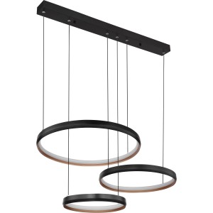 Moderne LED-Pendelleuchte Halli, schwarz matt, mit drei Ringen in unterschiedlicher Größe.