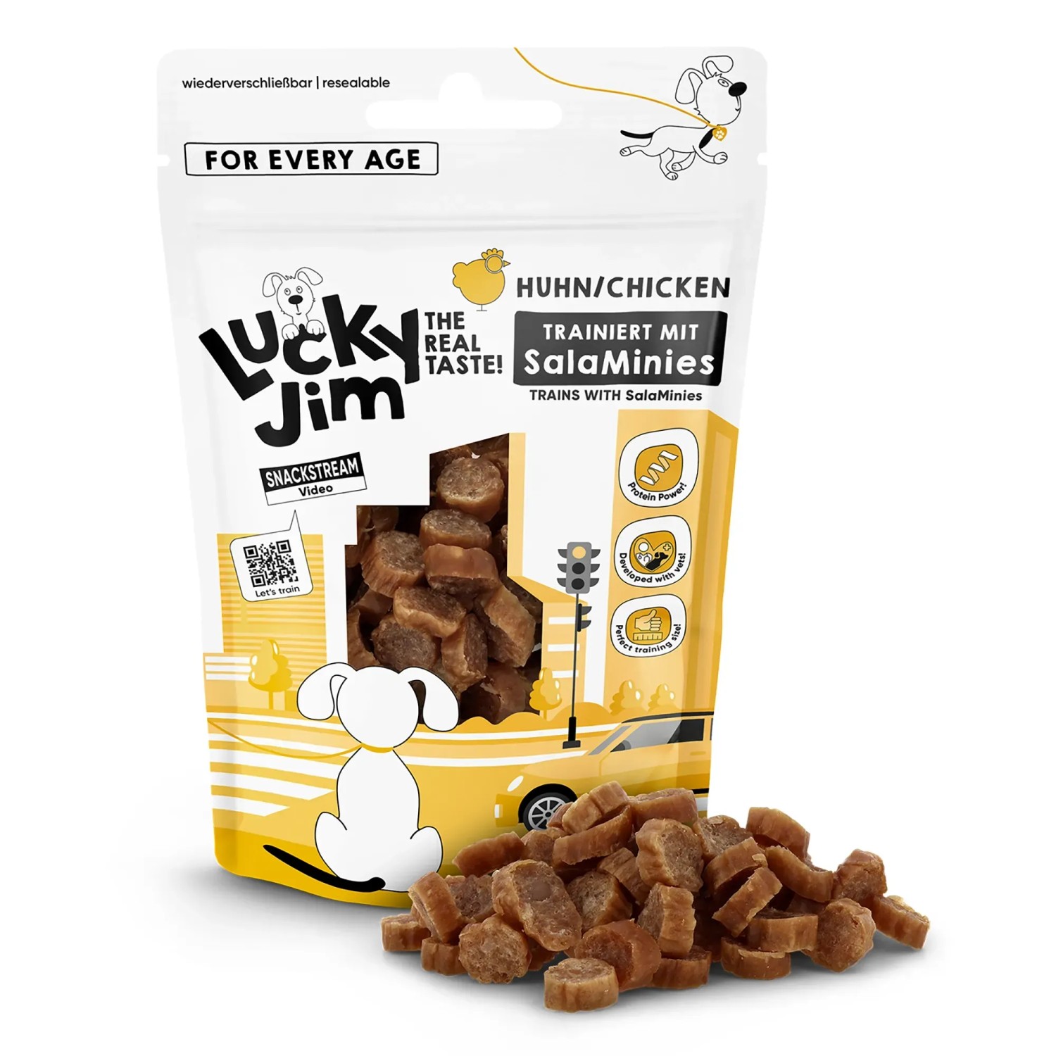 Lucky Jim SalaMinies Hunde-Belohnungssnacks mit Huhn, getreidefrei, 70g Packung.