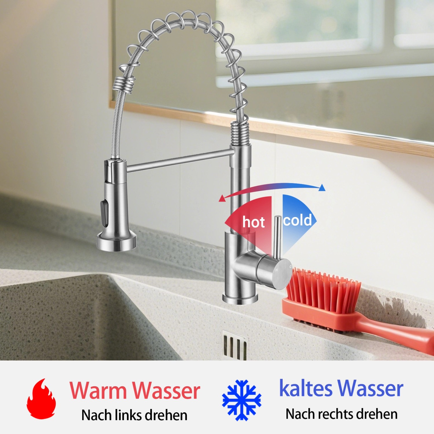 AICA Hochdruck Wasserhahn 43x21x12cm Silber Küche Abnehmbarer Mischbatterie und Drehbarer 360° Spiralfeder Bad Küchenarmatur_4