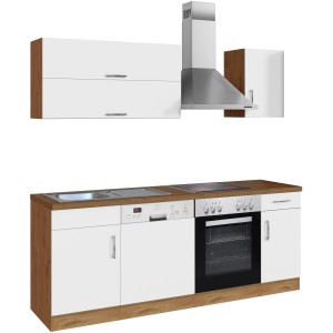 Moderne Küchenzeile Sorrento 210 cm in Weiß-Wotaneiche mit E-Geräten wie Herd, Spüler und Dunstabzugshaube.