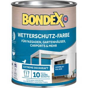 Dose Bondex Wetterschutz-Farbe RAL 5009 Azurblau, geeignet für Holz im Außenbereich.