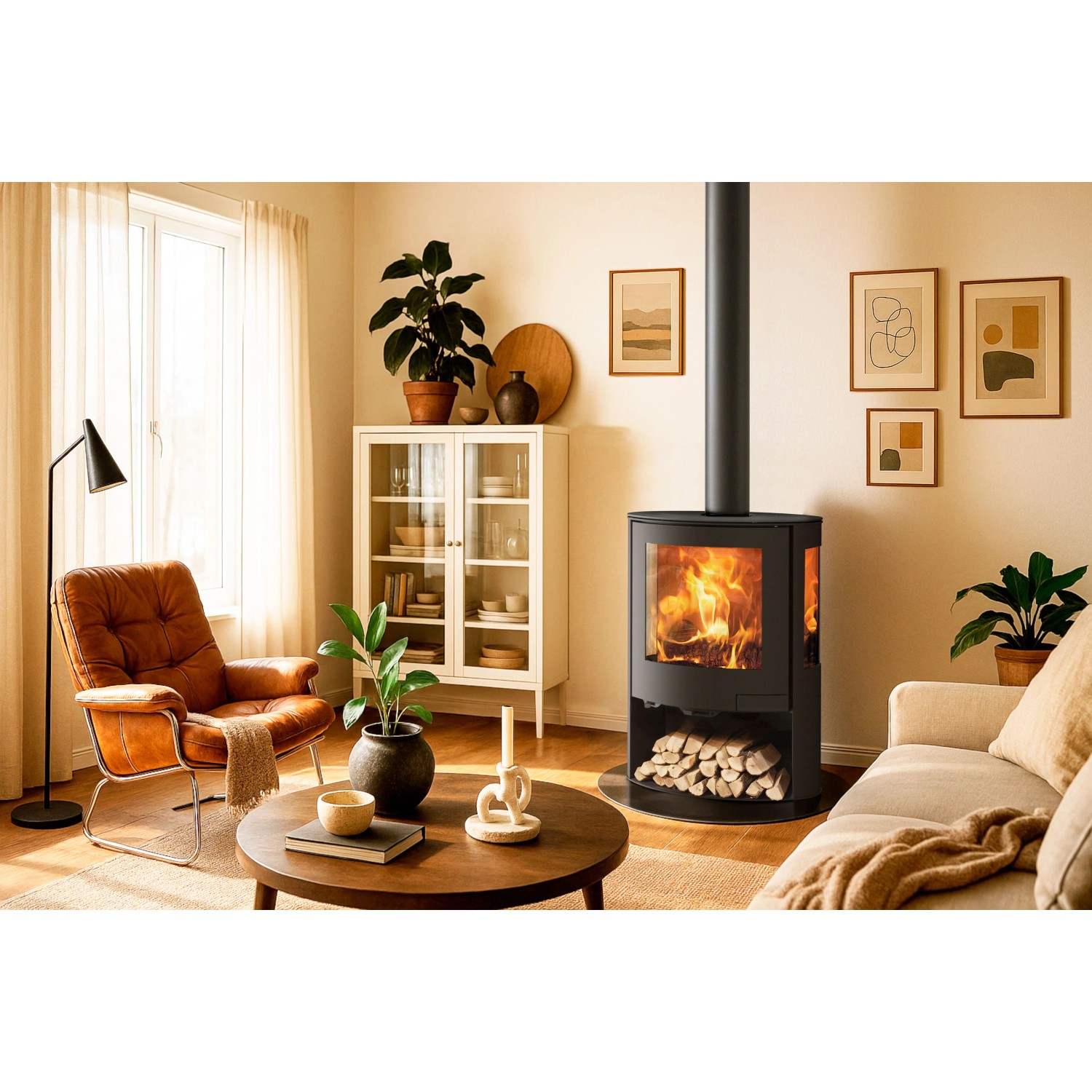 Schwarzer Panadero Baikal Kaminofen (6,7 kW) im Wohnraum mit Holzscheiten unter dem Brennraum.