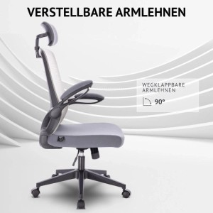 Grauer Svita Sam Bürostuhl mit verstellbaren, hochklappbaren Armlehnen, Netzrückenlehne, Kopfstütze und Rollen. Ergonomisch.