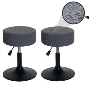 Zwei dunkelgraue, höhenverstellbare Boucle-Sitzhocker mit schwarzem Stahlfuß. Ideal als Schminkhocker.