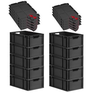 PROREGAL SuperSparSet: 10 schwarze Euroboxen mit Deckel und roten Verschlüssen, 44 Liter.