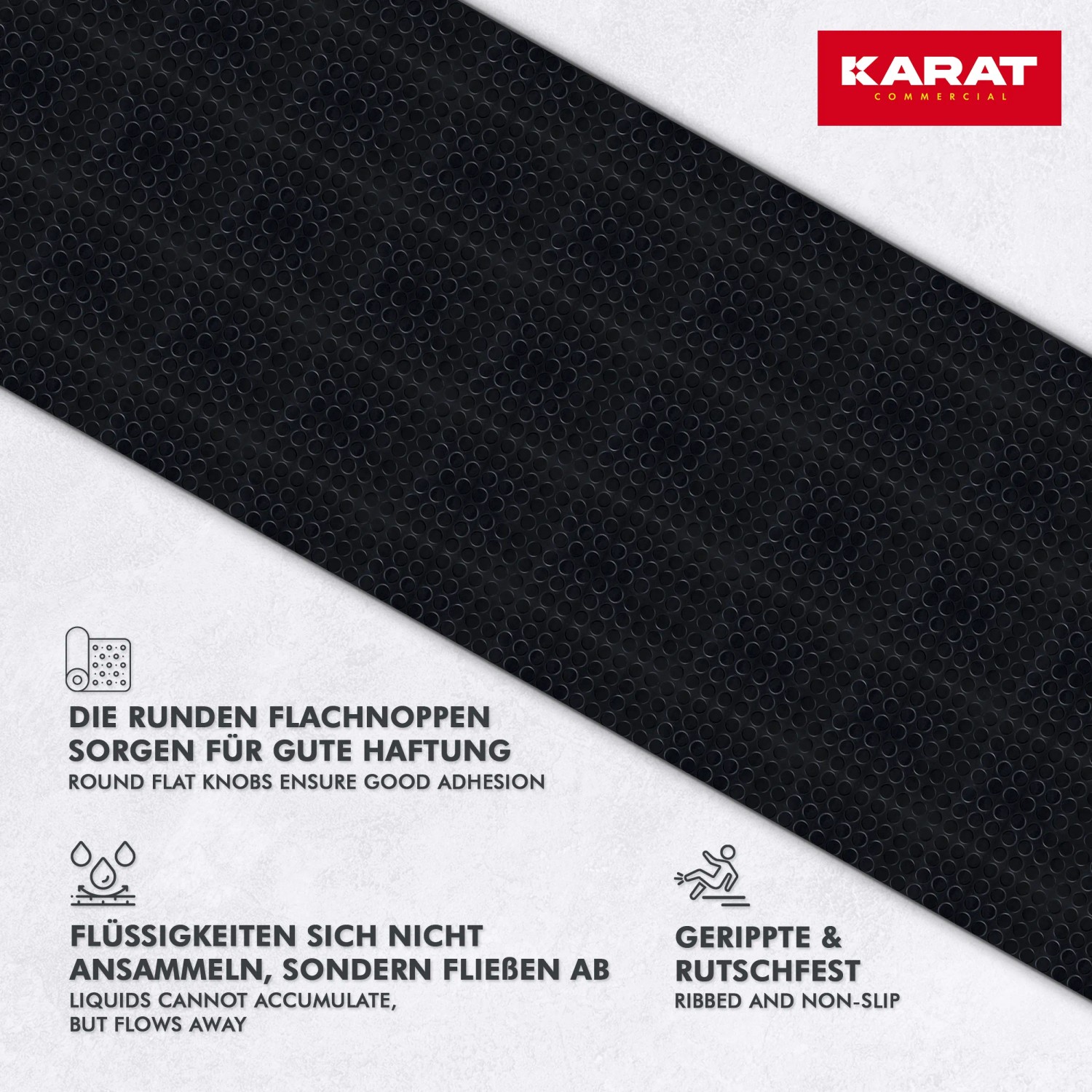 Schwarzer KARAT Gummiläufer mit Flachnoppen, rutschfeste Gummimatte für Gewerbe und Industrie.