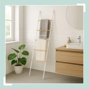 Relaxdays Handtuchleiter Bambus Eisen Weiß 164 cm x 45 cm x 2 cm