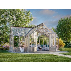 Palmako Gewächshaus Emilia 19 Grau, 19,1 m² mit Glas und Holzrahmen im Garten.