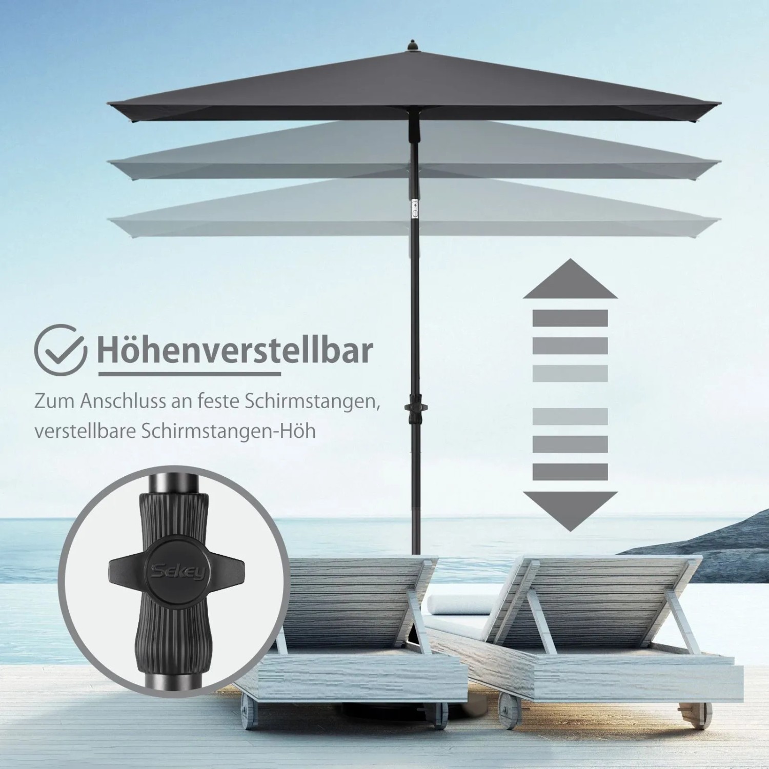 Sekey Balkonschirm, rechteckig, höhenverstellbar mit Drehknopf, für optimalen Sonnenschutz.