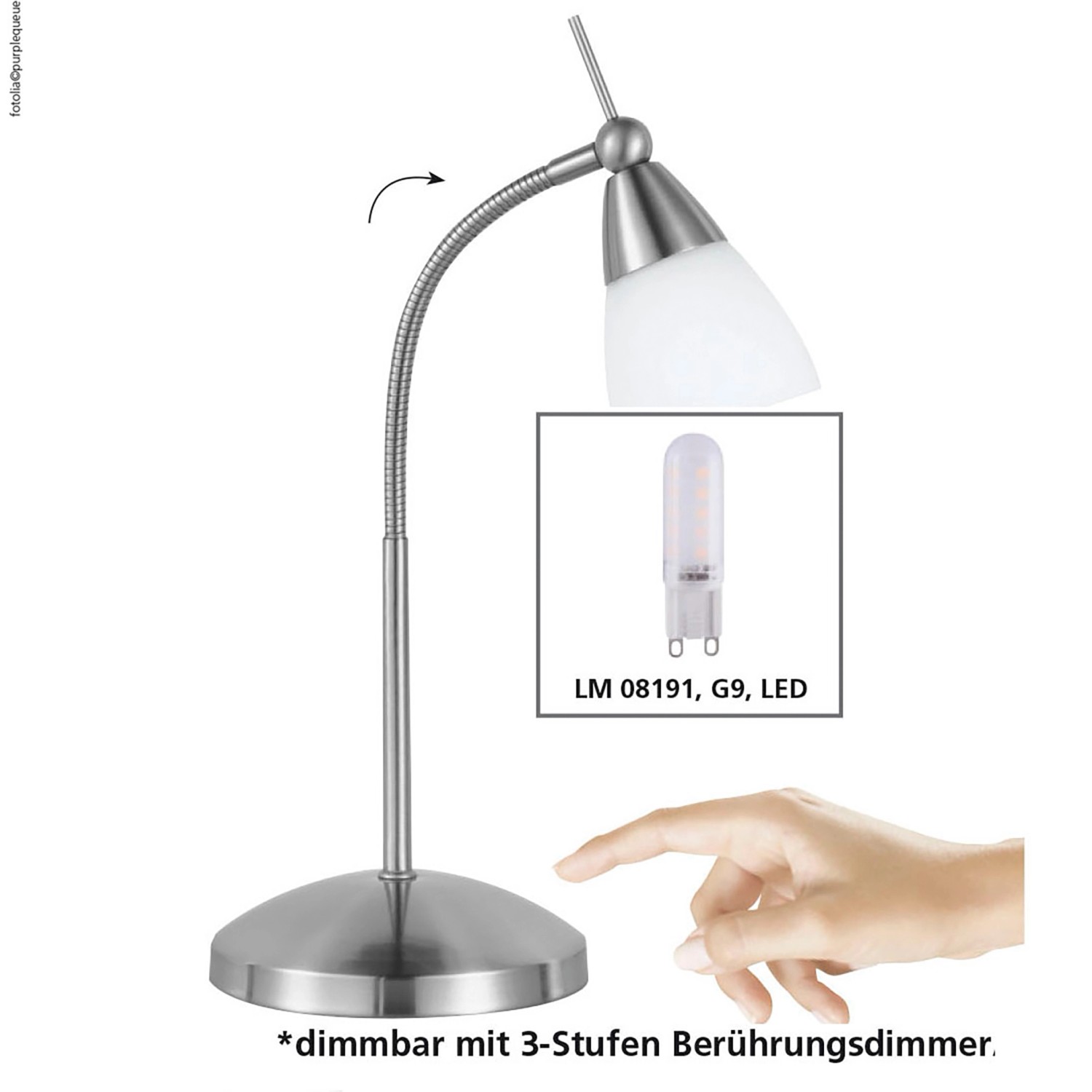 Paul Neuhaus LED-Tischleuchte Pino Stahl mit Touchdimmer und verstellbarem Kopf.