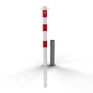 Schake Absperrpfosten, herausnehmbar, weiß-rot, mit 2 Ösen und Bodenhülse.
