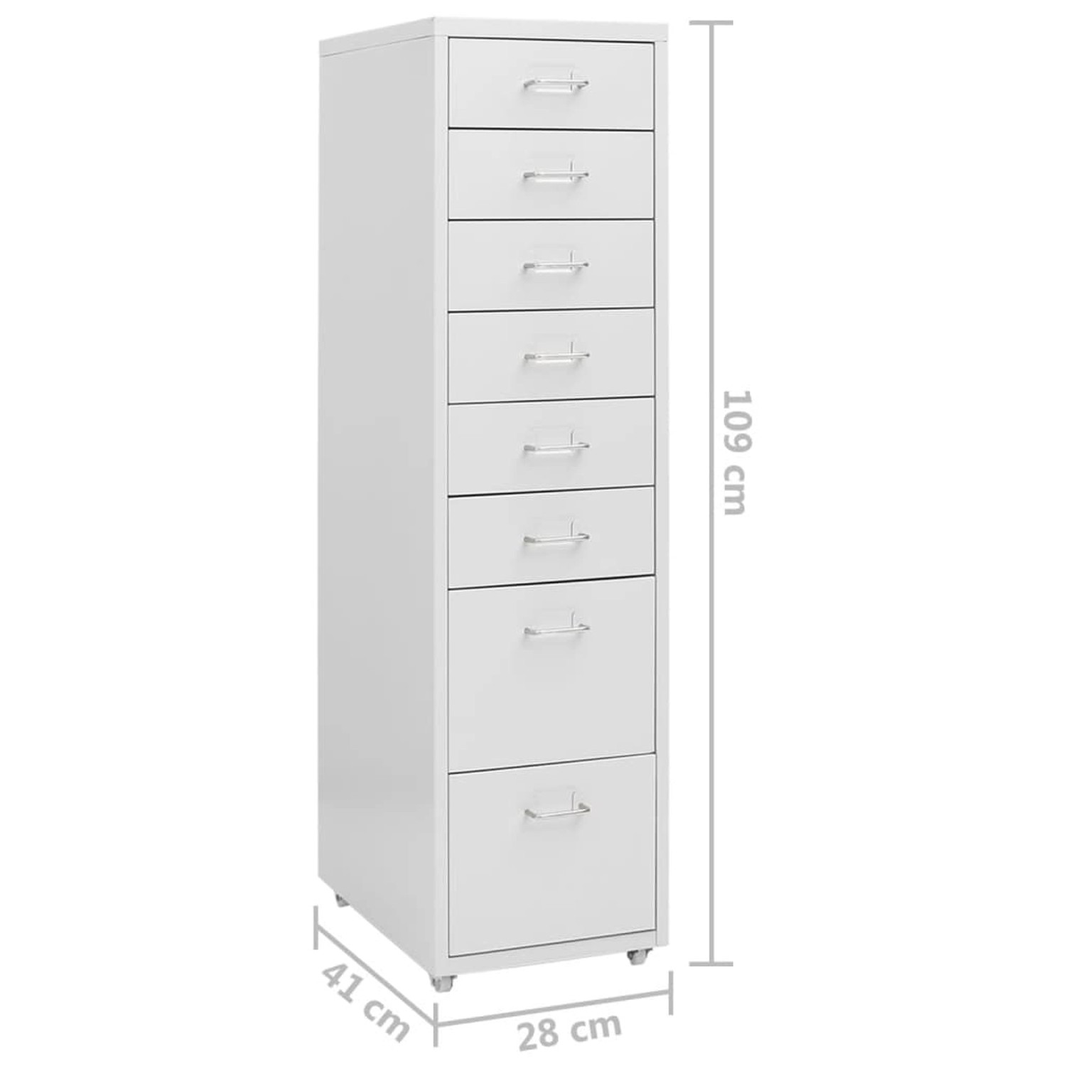 Grauer vidaXL Aktenschrank mit 8 Schubladen und Rollen, 28x41x109 cm, aus Metall.