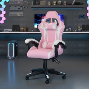 Rattantree Gaming Stuhl mit Hoher Rückenlehne PU Leder Kopf und Lendenstütze Verstellbar Pink