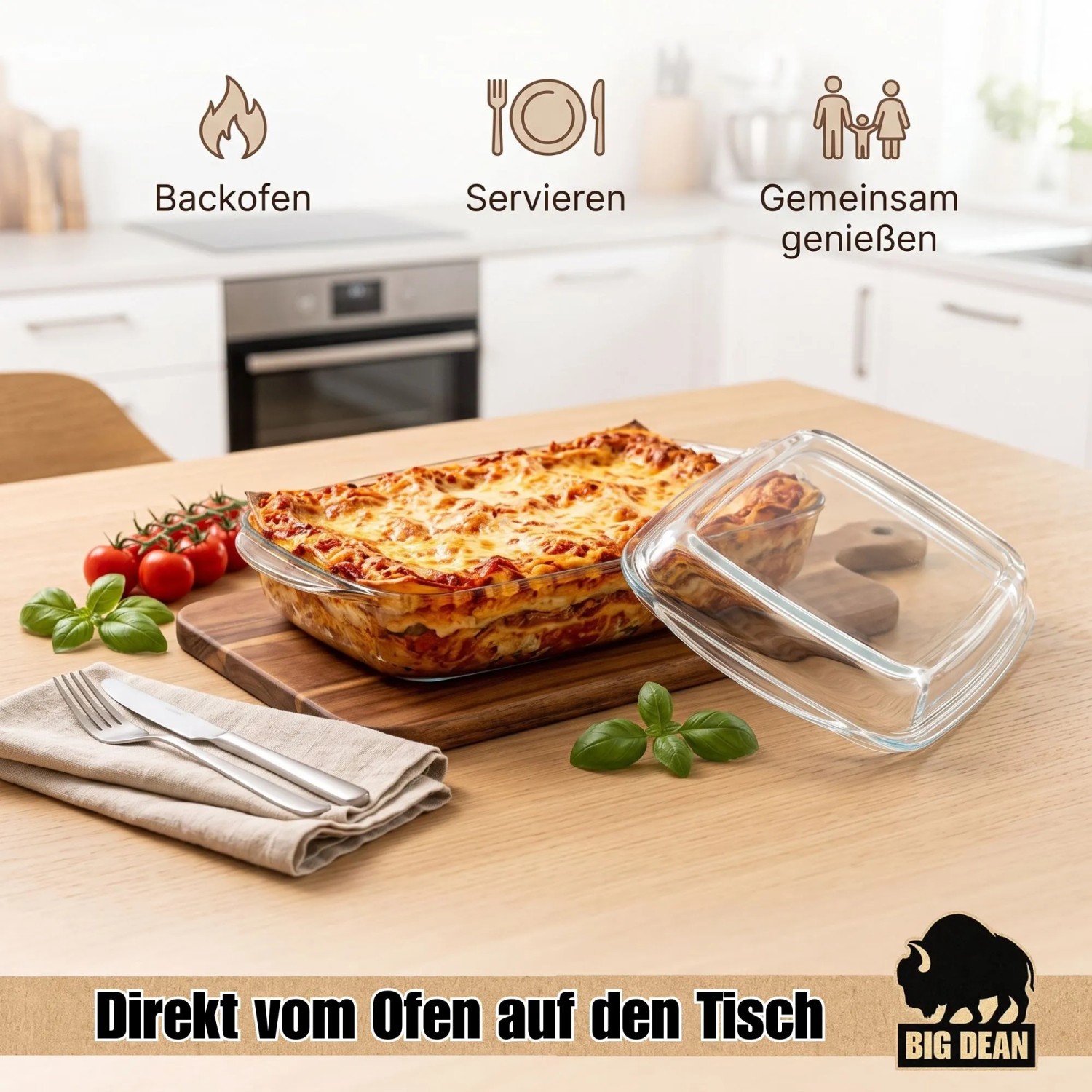 BigDean Auflaufform mit Deckel 3.3L Rechteckige Glasauflaufform Hitzebeständig & Feuerfest Ofenform für Lasagne Fleisch & Aufläufe