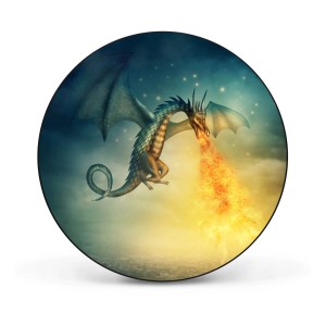 Runde, schwarze Magnettafel mit Drachen-Motiv. Wanddekoration für Notizen und Fotos.