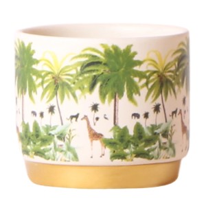 Keramik-Übertopf mit Dschungelmotiv und Goldfuß, 6x5cm, 2-fach sortiert.