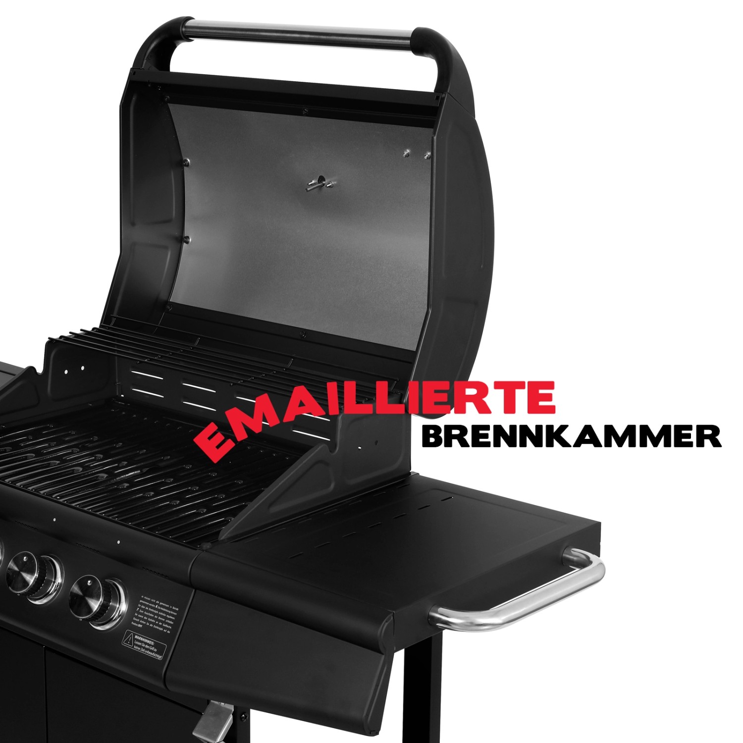 Taino Red 4+1 Gasgrill mit geöffneter Haube, Grillfläche und Seitenablage in Schwarz.