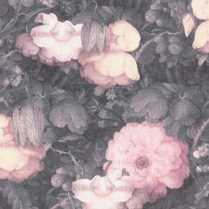 Gemalte Blumentapete in Rosa und Grau mit Rosen im Vintage Stil für Wohnräume.