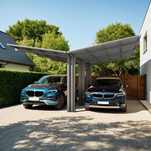 Ximax Carport Linea-110 Y Edelstahl-Look mit zwei parkenden Autos. Doppelcarport mit transparentem Dach.