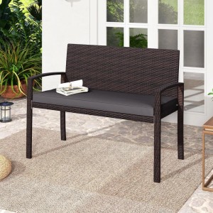 Graue Costway Polyrattan Gartenbank mit Sitzkissen für 2 Personen.