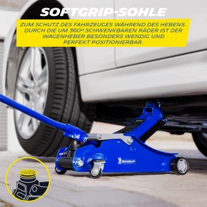 Blauer Michelin Hydraulik-Wagenheber (2.000 kg) unter einem Auto. Werkzeug für Wartung und Reparatur.