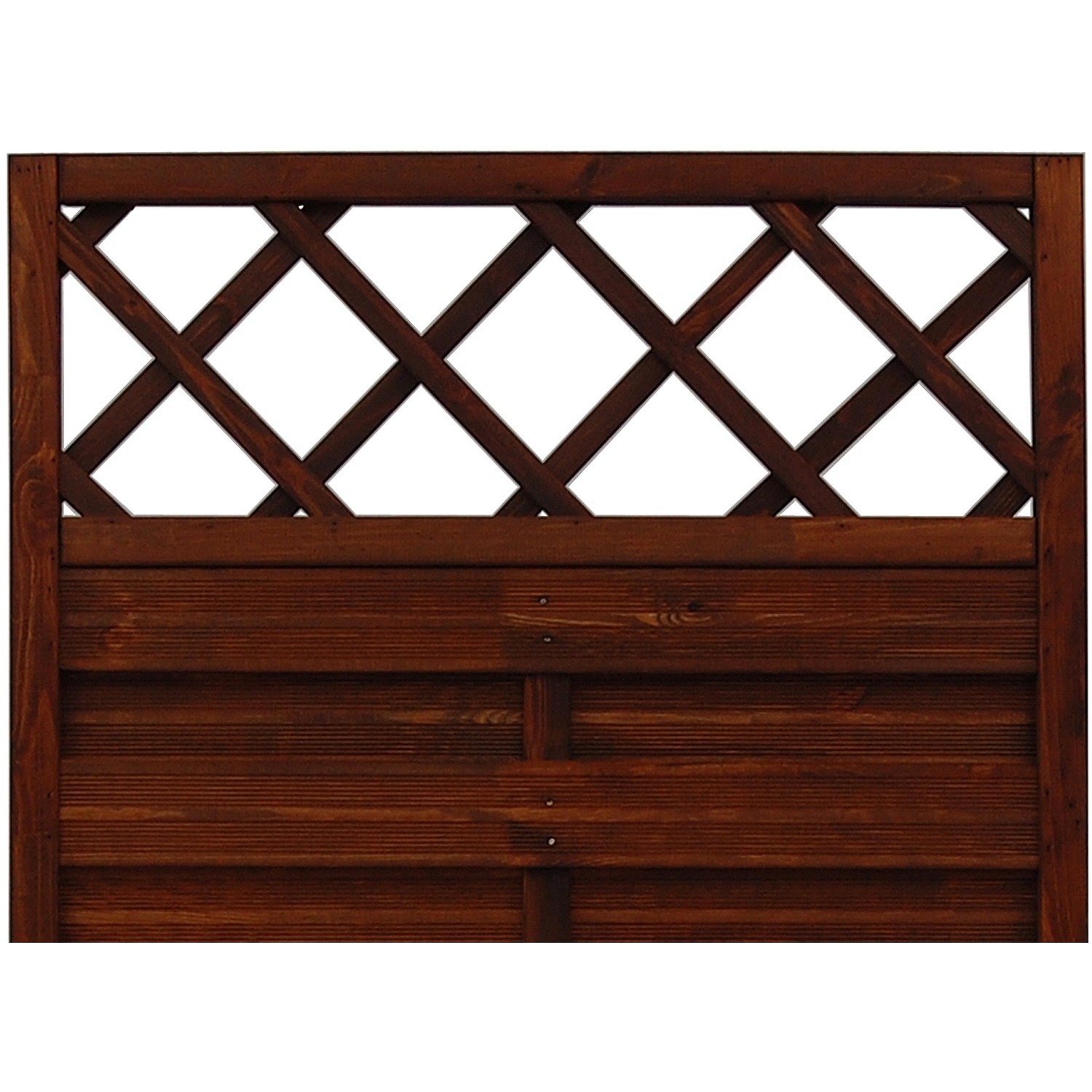 Braun lasiertes Sichtschutzzaun-Element Country, 180x90 cm, mit Lattenzaun-Abschluss.
