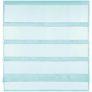 Türkisfarbene Bistrogardine mit Raffoptik und Stangendurchzug für Fenster.