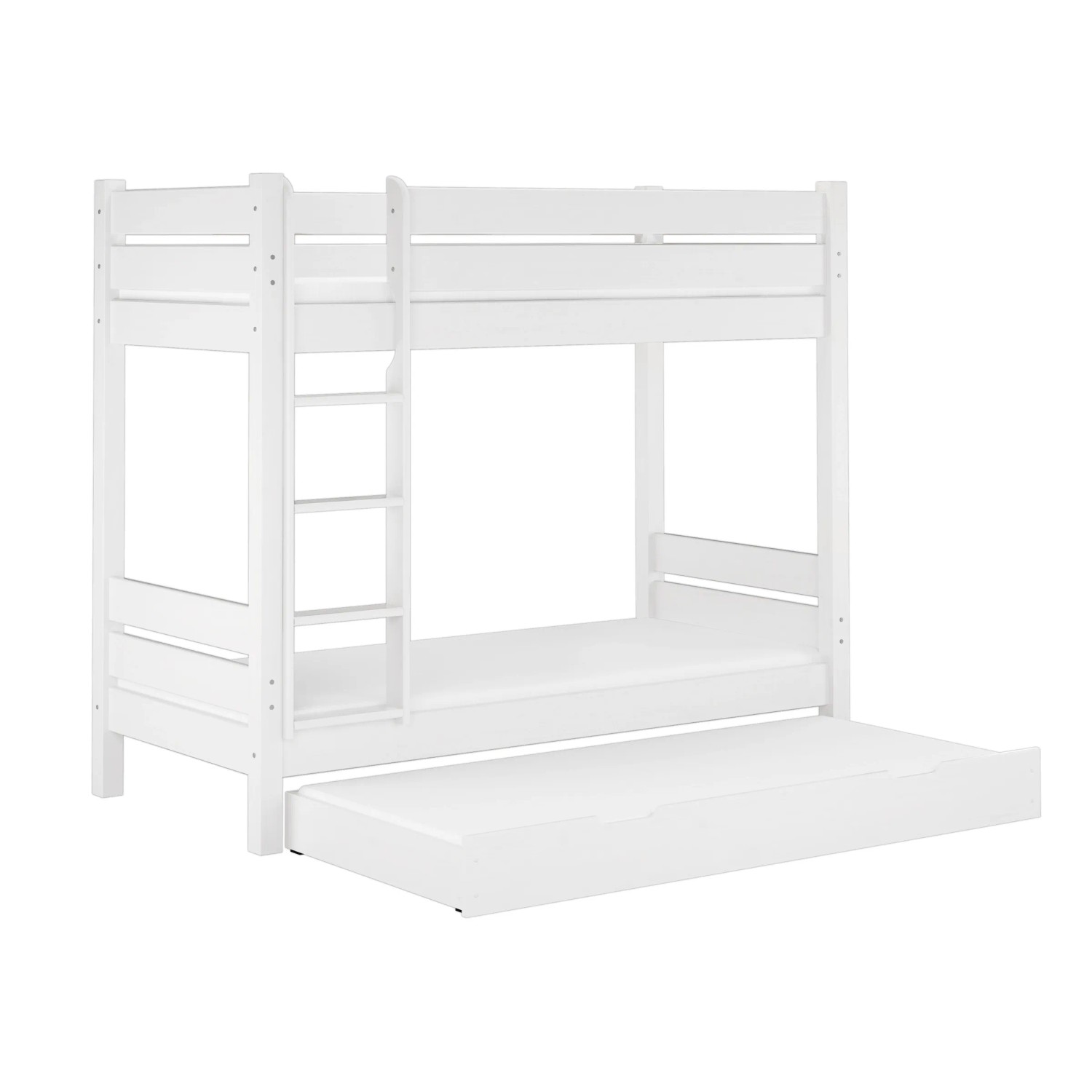 Weißes Etagenbett aus Kiefernholz mit Gästebettkasten und Leiter.