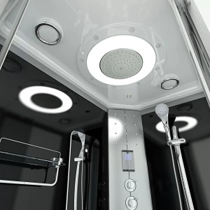 Innenansicht der AquaVapore Komplettdusche 120x80 mit Regendusche, Handbrause und Bedienfeld.