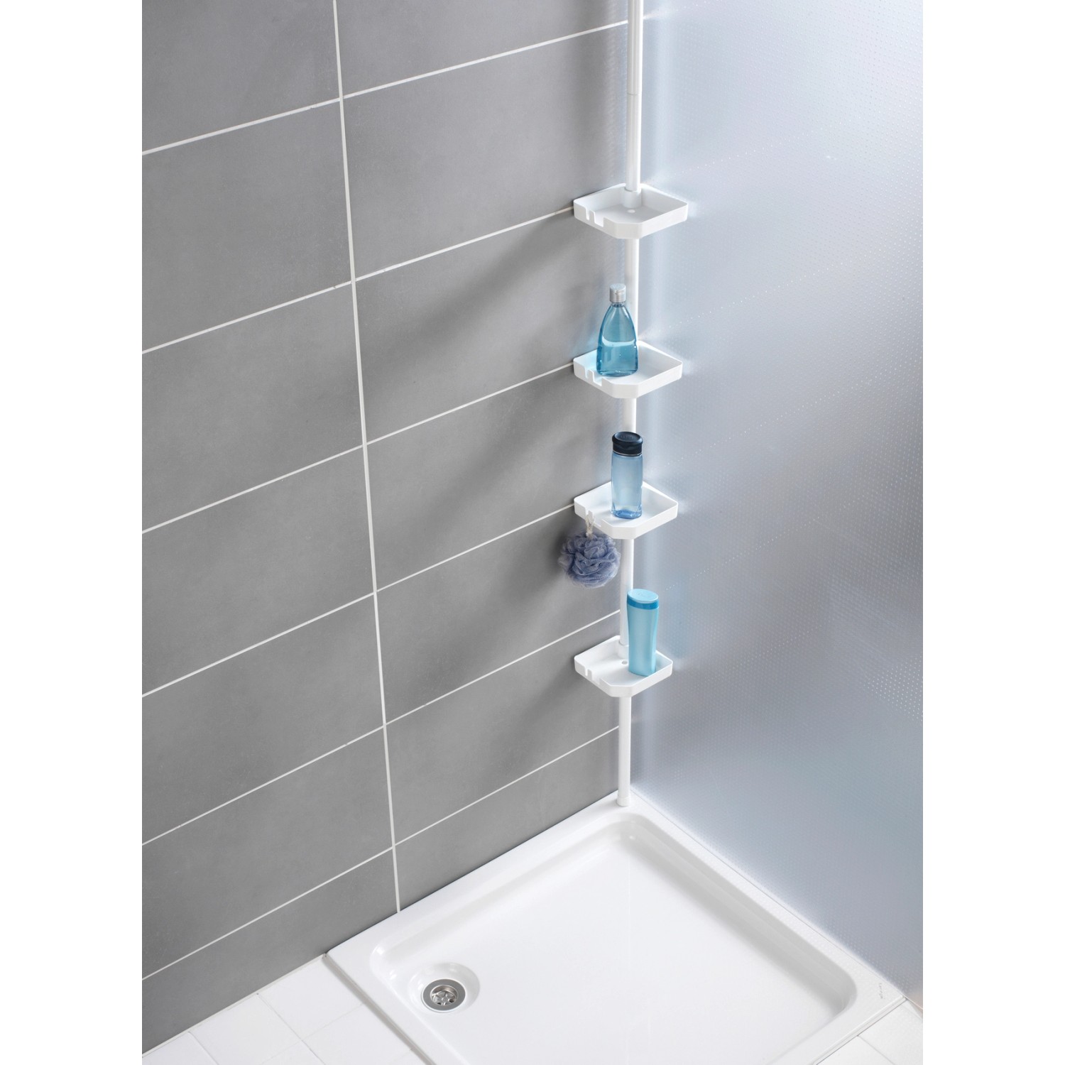 Wenko Teleskop-Eckregal Funky, weiß, mit 4 Ablagen in Dusche/Badewanne. Badregal für mehr Stauraum.