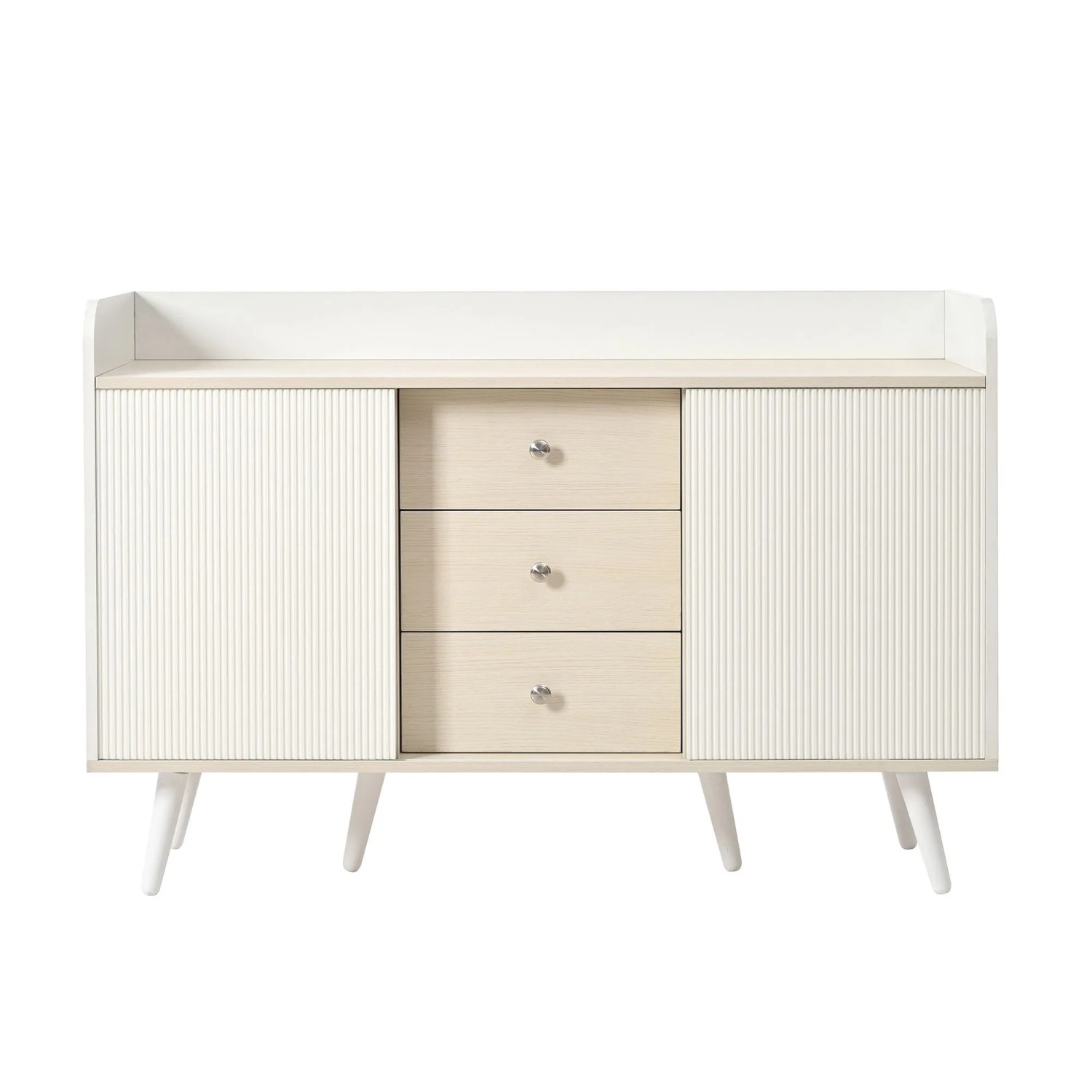 Sideboard 117x39x79 cm mit 3 Schubladen 2 Schiebetüren und Holzbeinen Weiß