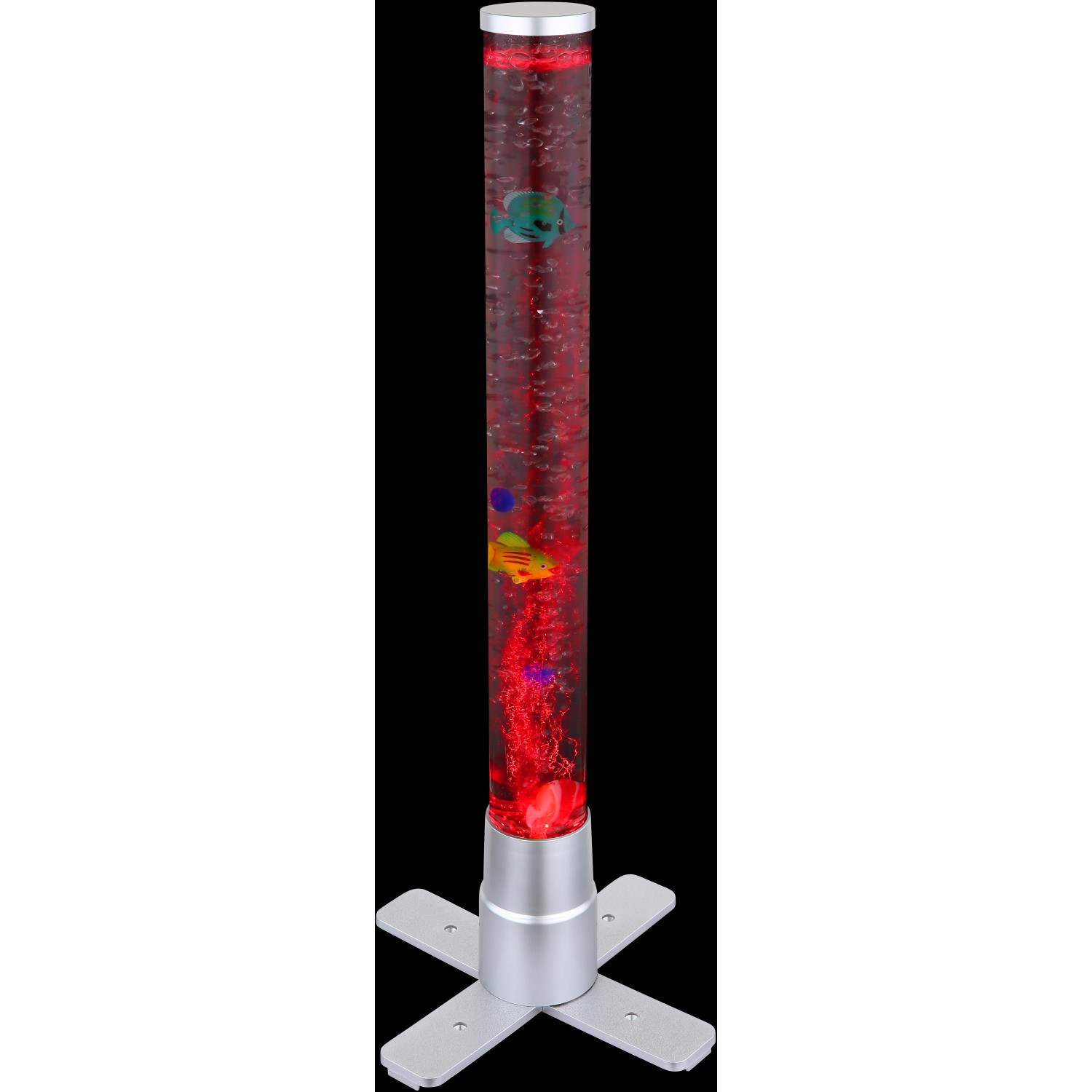Silberne LED-Stehlampe Mendoza mit Wasser, Fischen und RGB-Farbwechsler für stimmungsvolle Beleuchtung.