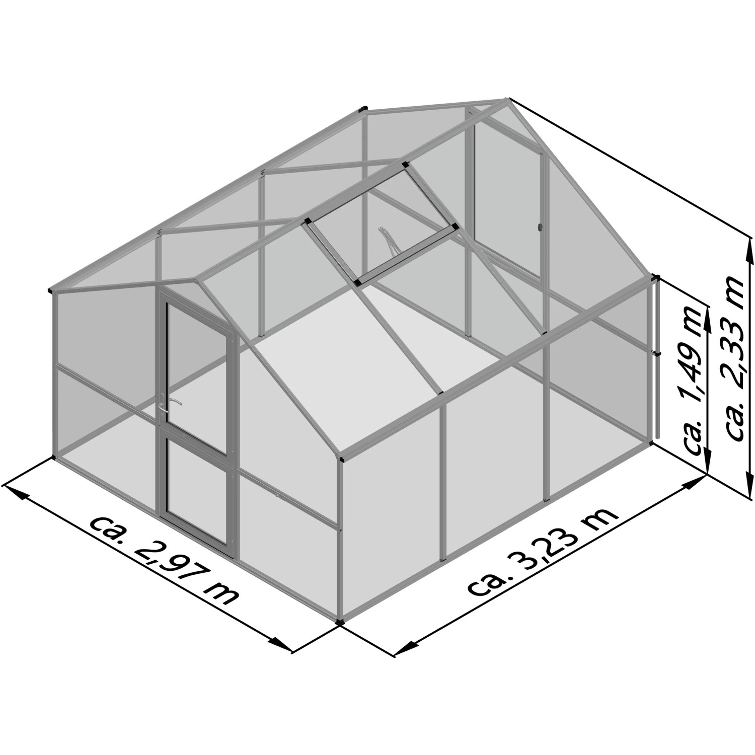 Abbildung des KGT Gewächshauses Orchidee Alu blank 9,59 m² mit Maßangaben.