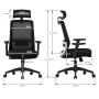 ML-Design Bürostuhl, ergonomisch, schwarz, Mesh, mit Maßangaben zu Höhe, Breite und Tiefe.