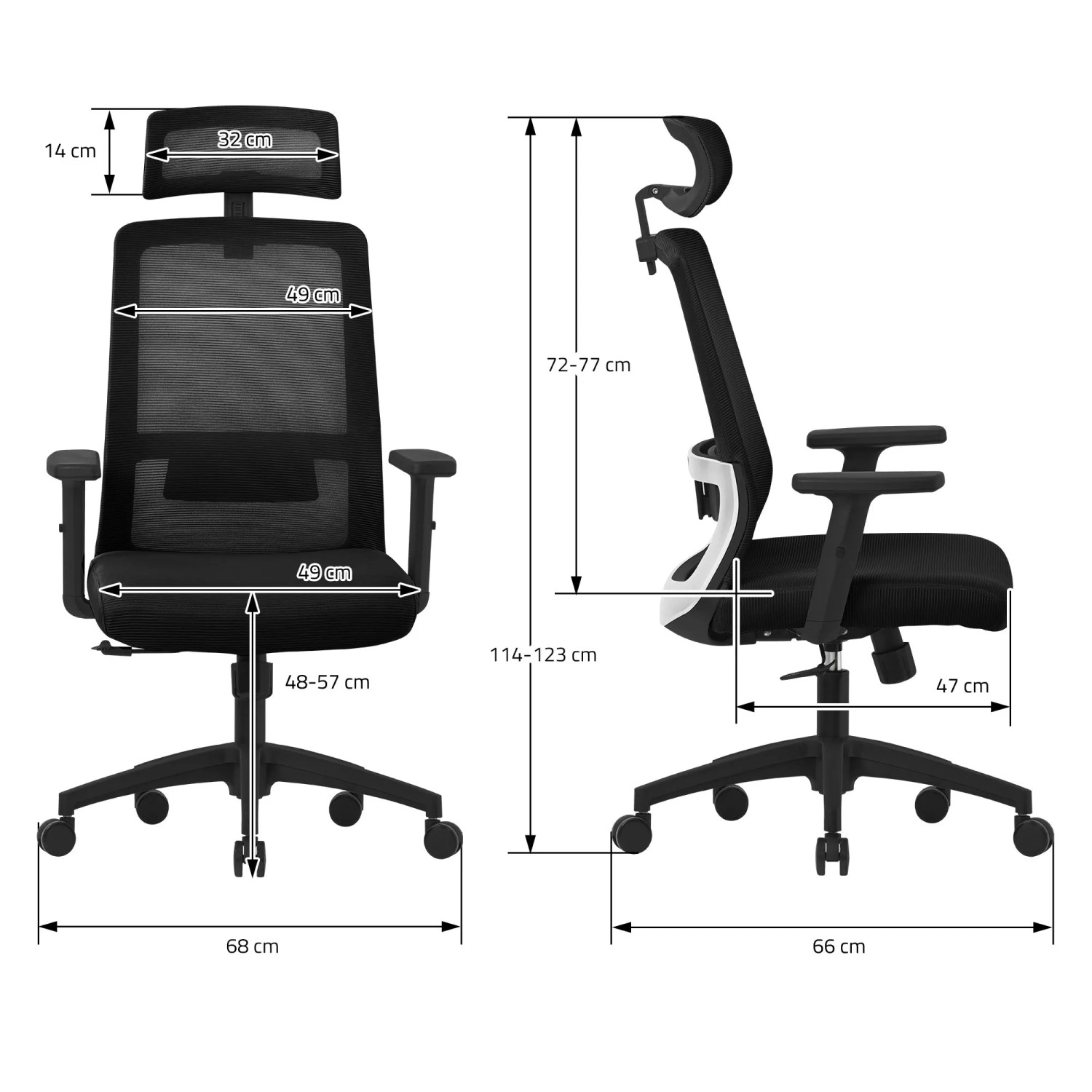 ML-Design Bürostuhl, ergonomisch, schwarz, Mesh, mit Maßangaben zu Höhe, Breite und Tiefe.