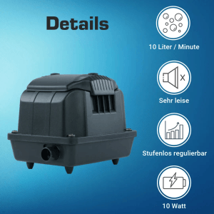 Kompakte schwarze Kerry Electronics Membranpumpe für Teichbelüftung, 10 L/min, 10 W, leise, stufenlos regulierbar.