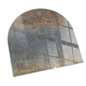 Halbkreisförmige Tulup Glasplatte für Kamin mit abstraktem braun-grauem Texturmuster. Robuster Bodenschutz für Kaminöfen.