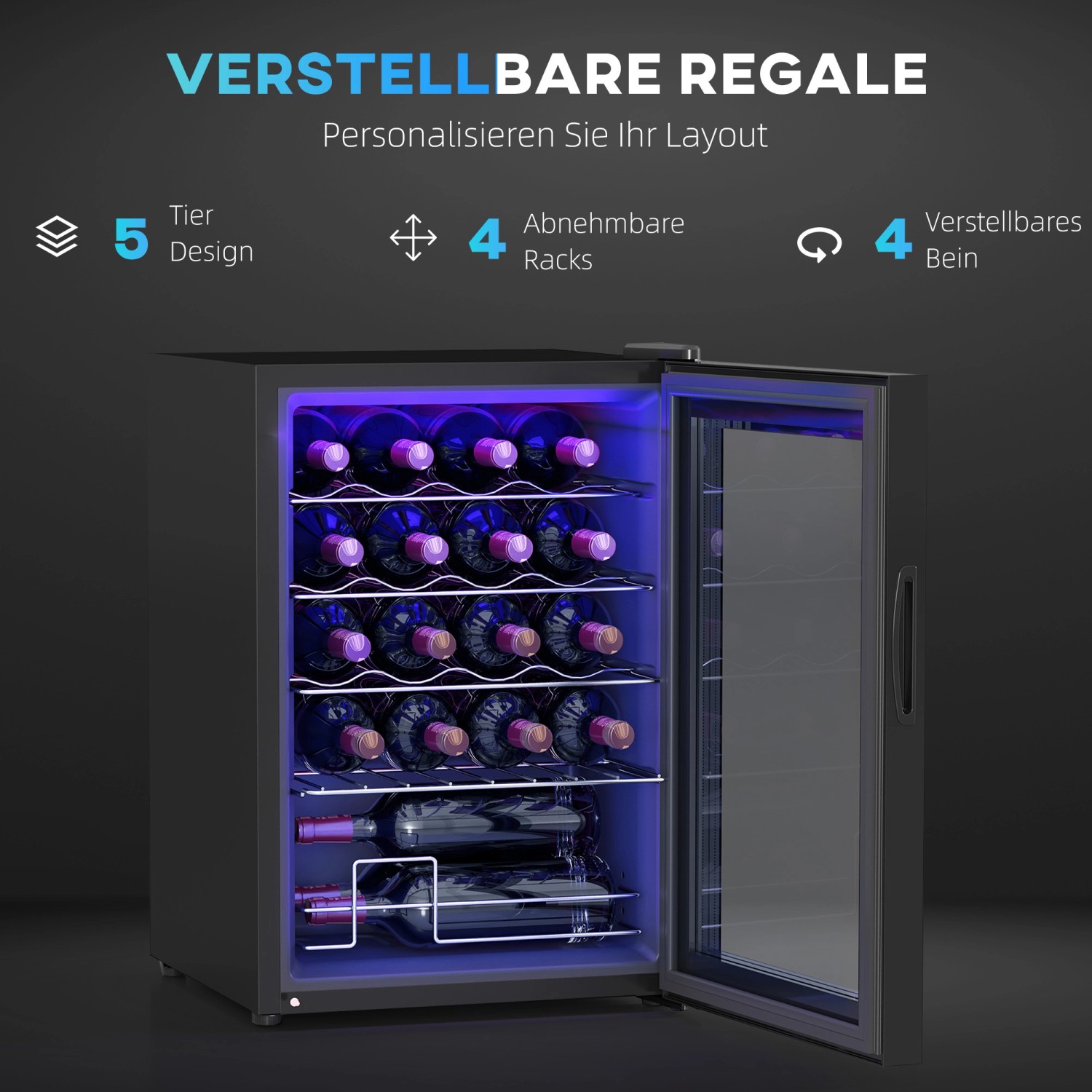 HOMCOM Weinkühlschrank aus Metall und Glas, schwarz, mit geöffneter Tür und Weinflaschen.