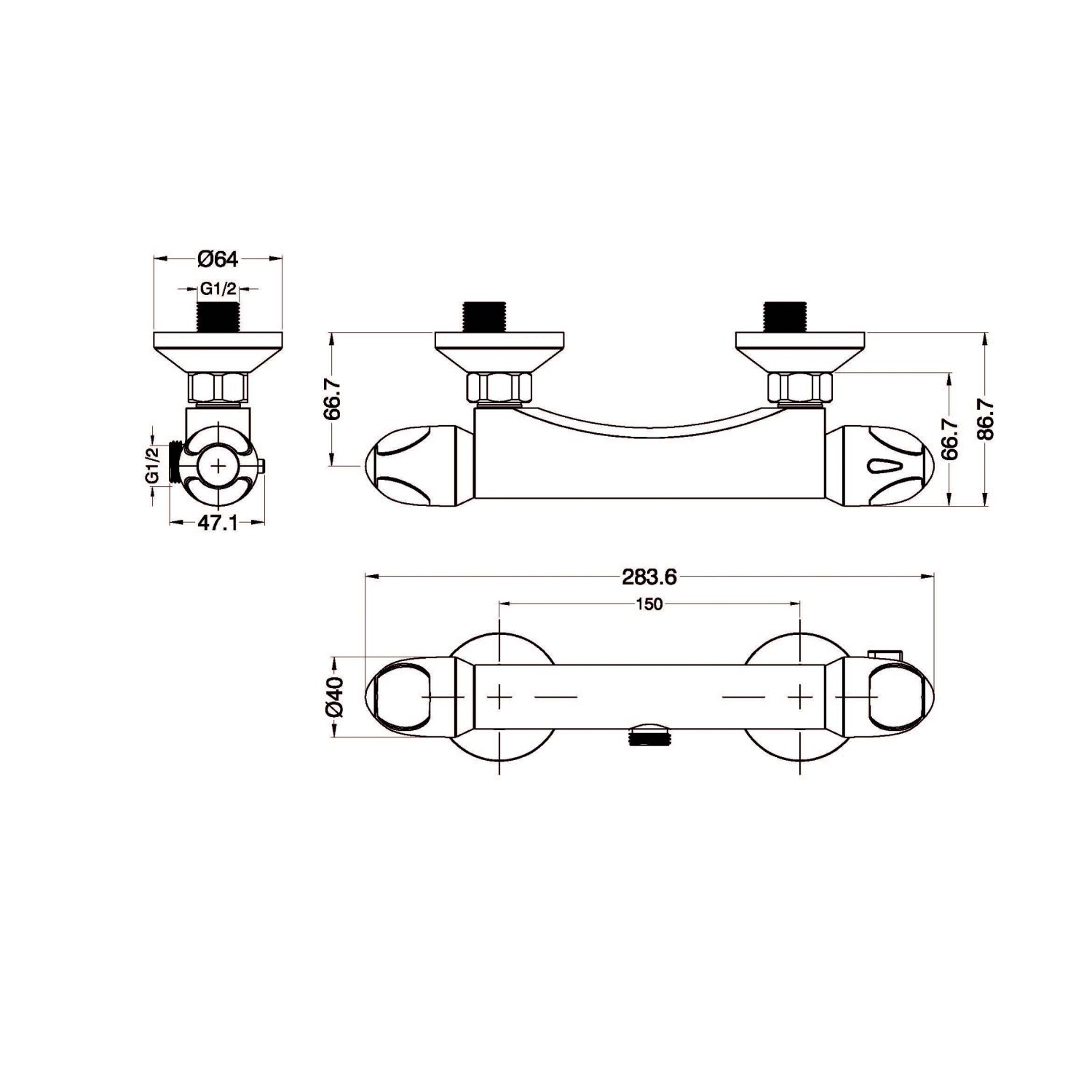 Technische Zeichnung: Eisl VITAL Thermostat Duscharmatur in Chrom mit Maßangaben.