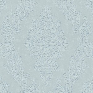 Schimmernde Barock Tapete in Mint, Grau und Silber mit Ornament Muster.