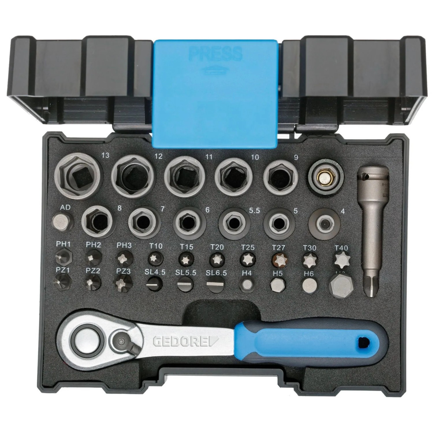 Gedore Bit-Steckschlüsselbox 666-U-20 mit Knarre 6 mm (1/4 Zoll) 35-teilig