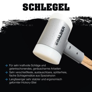 Halder Schlegel rückschlagfrei Ø 100 mm. Grauer Metallkopf, weiße Nyloneinsätze, stabiler Holzstiel. Für kraftvolle Schläge.
