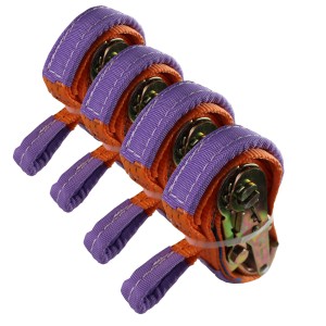 4 orangefarbene TRUTZHOLM Spanngurte (2t) mit lila Schlaufen für Autotransport.