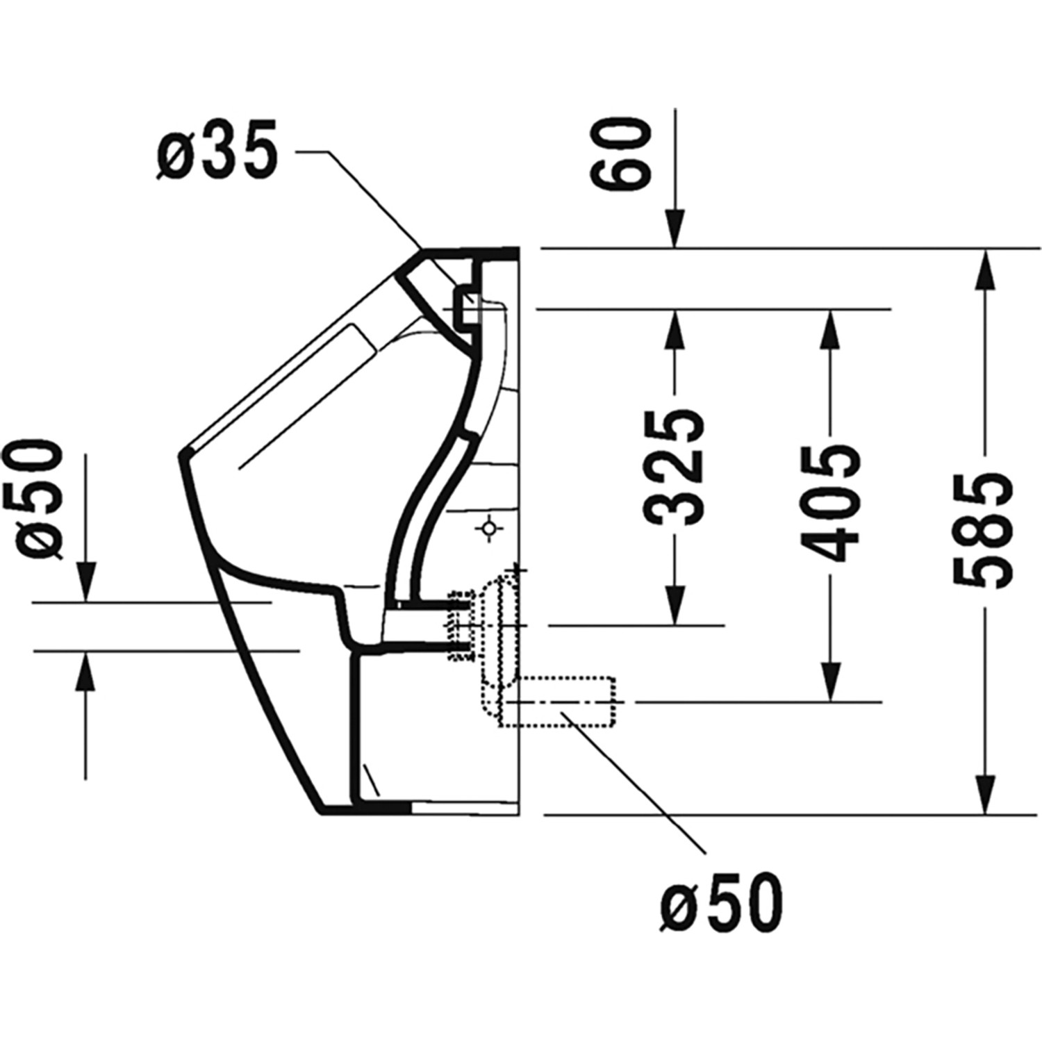 Technische Zeichnung Duravit Me by Starck Wandurinal, Maße und Details für Installation.