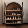 Schwarzer Schuhschrank Sideboard mit offenen Rattantüren, Holz-Interieur und Schuhen auf Fächern. Für Flur, Wohnzimmer.